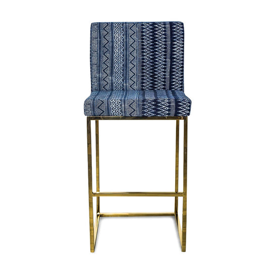 Bar Stool in Hand Printed Indigo Mud Cloth